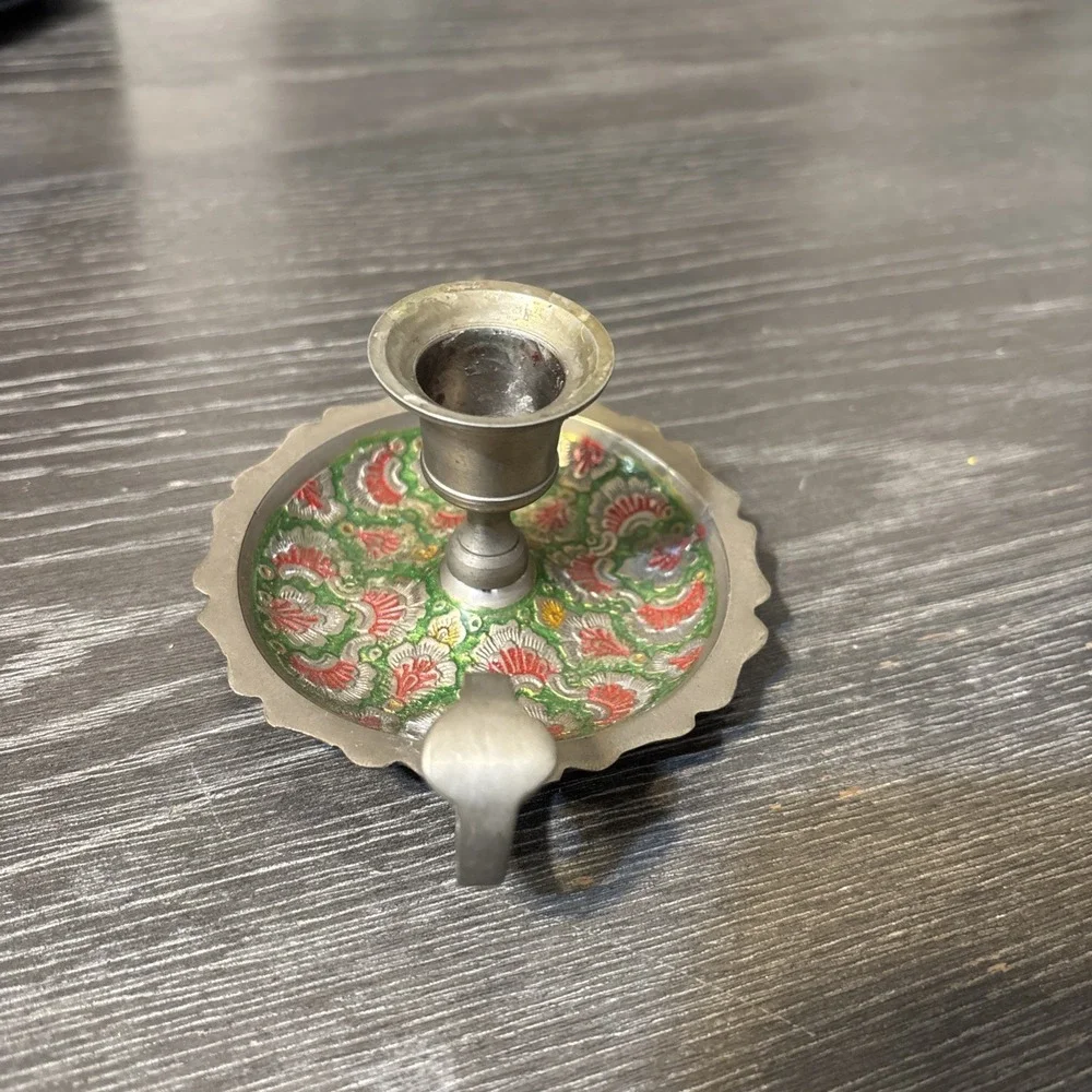 Vtg Enameled Cloisonne Brass Hand Paint‎ s Flamingos Candlestick Candle Holder